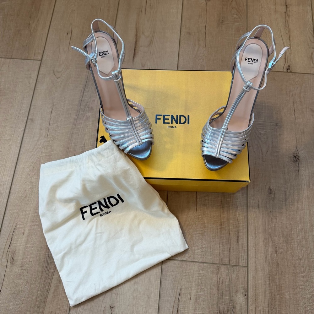 Fendi Silver Metallic Strappy High Heel Sandals